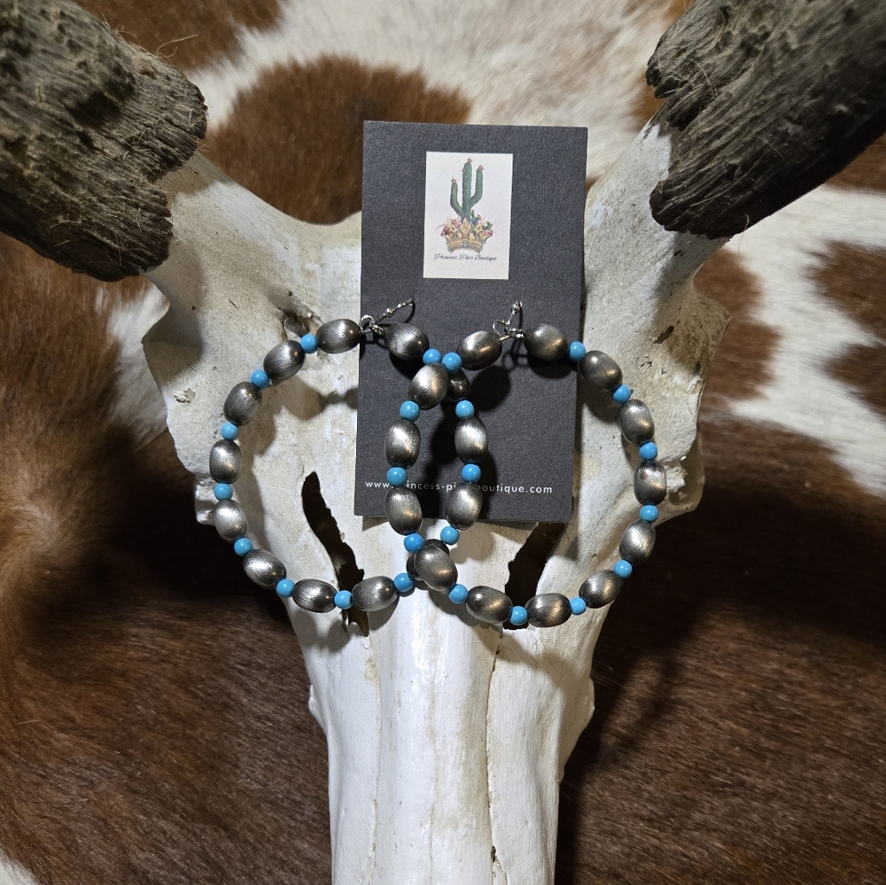 Elegant Turquoise and Silver Beaded Chic Country Rodeo Hoop Earrings